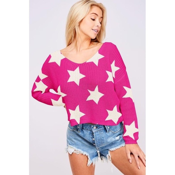 Fuchsia Star Print Vneck Sweater - Picture 1 of 2